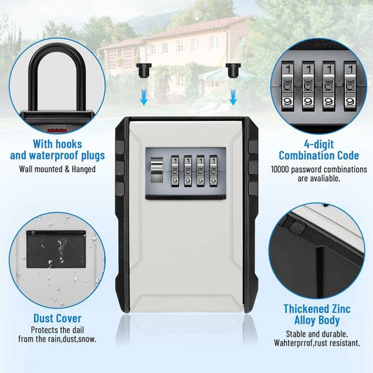 Waterproof Outdoor Security Key Box Key Box With Hook Large Key Box For Keys, Cards Home Schools Offices Garages,Grey