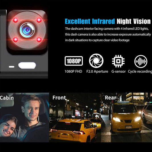 Dashcam - Dual lens 1080p - HD video recorder, wide viewing angle - Loop recording - For safety while driving, parking and traveling