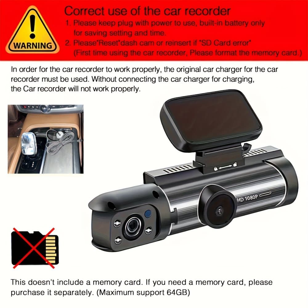Dual Lens Car Camera Full HD 1080P with Night Vision Loop Recording and Wide Angle Lens