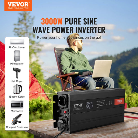 Pure Sine Wave Inverter, 3000 Watt, Power Inverter with 2 AC Outlets 2 USB Port 1 Type-C Port, LCD Display and Remote Controller for Large Home Appliances, CE FCC Certified