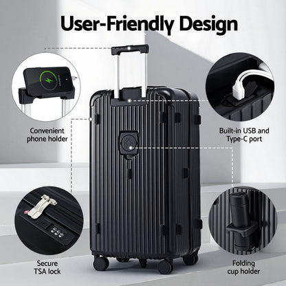 Wanderlite 32" Trunk Luggage Suitcase Travel 5 Wheels Type-C Port TSA Black