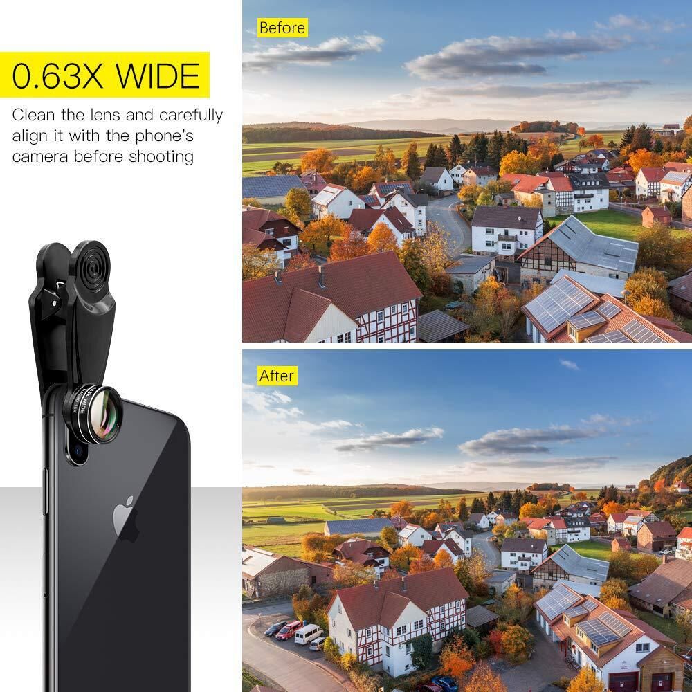 15-in-1 kit with multiple special effects functions, compatible with iPhone and Android smartphones. Includes: 198 fisheye, 0.63x wide angle, 15x macro, 2x telephoto, CPL polarizer, kaleidoscope lens, star filter, mist filter, radial filter