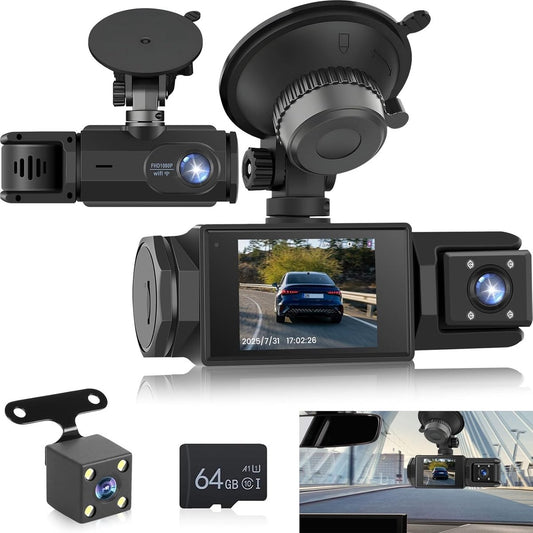 WiFi Car Dash Cam – 3-Channel Wireless Camera with App, Front, Interior, and Rear Cameras, Full HD 1080p, 2-inch IPS Screen, Night Vision, Motion Detection, Loop Recording, 64GB Memory Card Included