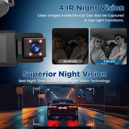 WiFi Car Dash Cam – 3-Channel Wireless Camera with App, Front, Interior, and Rear Cameras, Full HD 1080p, 2-inch IPS Screen, Night Vision, Motion Detection, Loop Recording, 64GB Memory Card Included