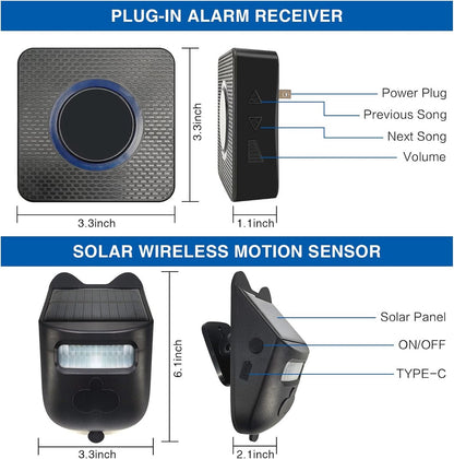 Driveway alarm - Entry detector - Solar driveway alarm - Motion detector - Wireless = Security - Wireless solar driveway alarm - Motion detector - Doorbell - DIY security system - (1 sensor and 2 doorbells)