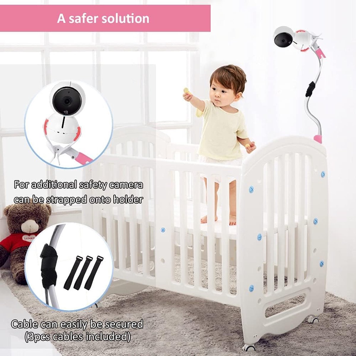 Babyfoon Camera Mount, Camera Holder, Baby Monitor Mount with 3 Straps, No Drilling Required, Flexible and Adjustable, Universal Baby Monitor Mount, Compatible with Most Baby Monitors (Pink)