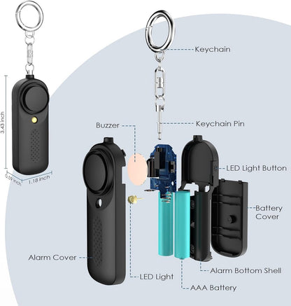 Personal Alarm - 130 dB - Security Siren - Self-Defense Siren - With LED Light-Up Keyring - For Children, Women, Students and Seniors (Black)