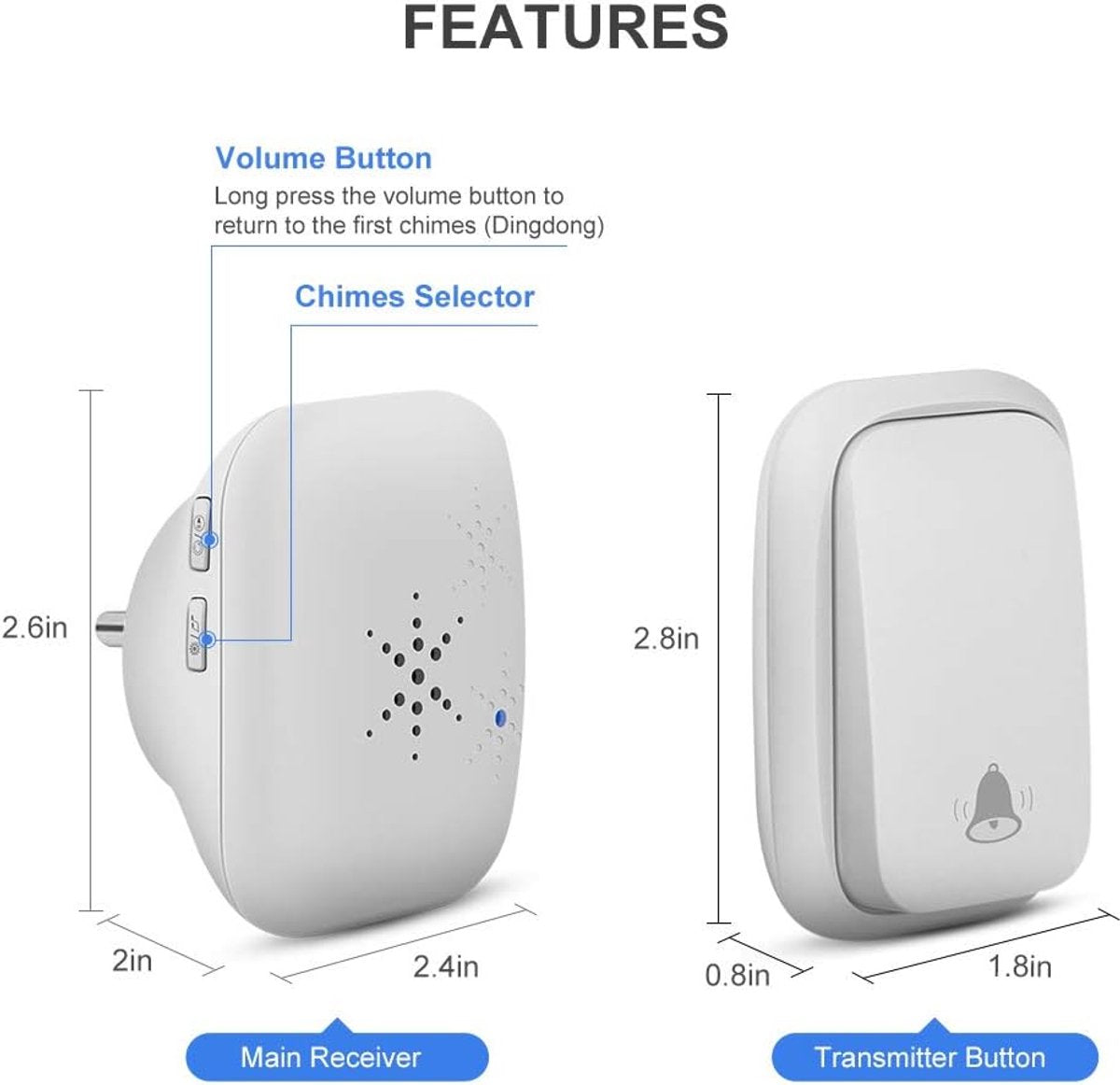 Wireless Doorbell - Doorbells - Wireless Doorbell - Standalone Doorbell - No Battery Required - Wireless Doorbell - 150m Range, Waterproof Button - With 38 Ringtones - 4 Volume Levels and LED - With