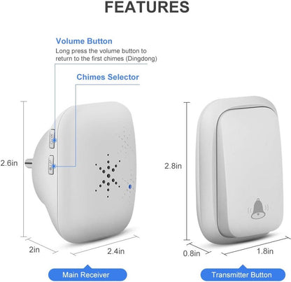 Wireless Doorbell - Doorbells - Wireless Doorbell - Standalone Doorbell - No Battery Required - Wireless Doorbell - 150m Range, Waterproof Button - With 38 Ringtones - 4 Volume Levels and LED - With