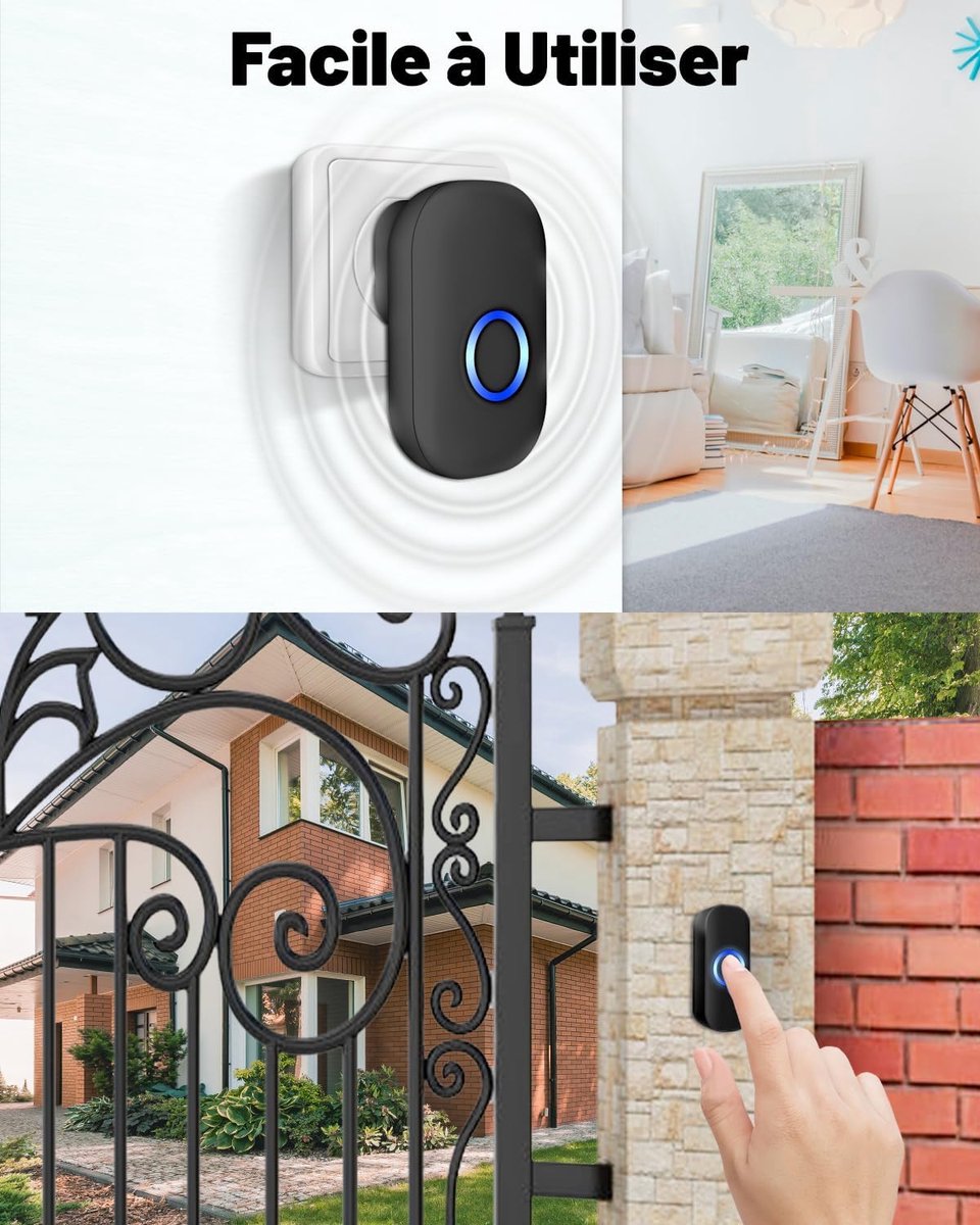 Wireless Doorbell - Doorbells - Outdoor Wireless Doorbell - 150m Doorbell Range - IP44 Waterproof Electronic Doorbell - Doorbell Kit with Plug-in Receiver - Blue LED - Waterproof - For Home