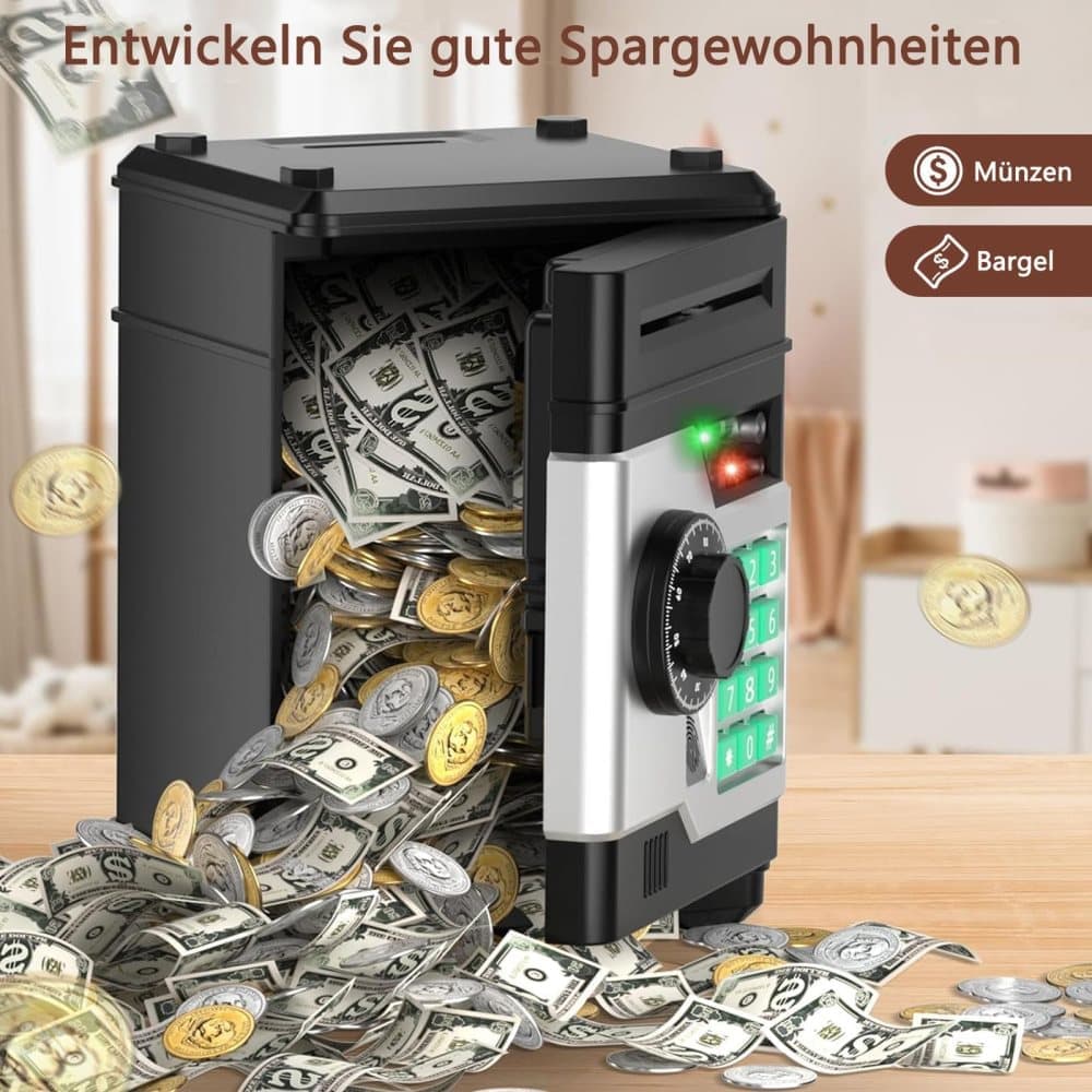 Children's Electronic Piggy Bank with Fingerprint & Password Protection, Automatic Saving Function, Mini Cabinet, Gold