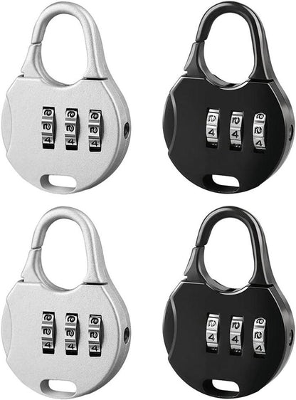 Allecto Plus - Mini Combination Lock for Suitcase Backpack Travel Bag - 3-Digit Padlock - 4 Pieces Black Silver - Adjustable - Jewelry Box Locks - Round