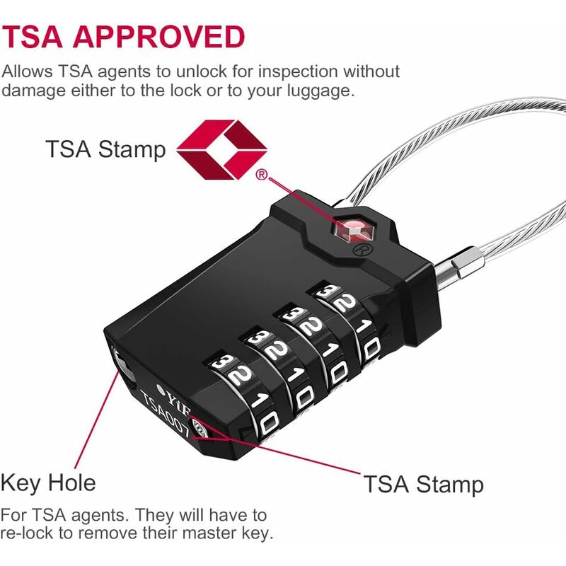 TSA Lock 4-Digit Combination Luggage Suitcase Alarm Anti-Theft Code with Opening Alarm Black 1 Piece