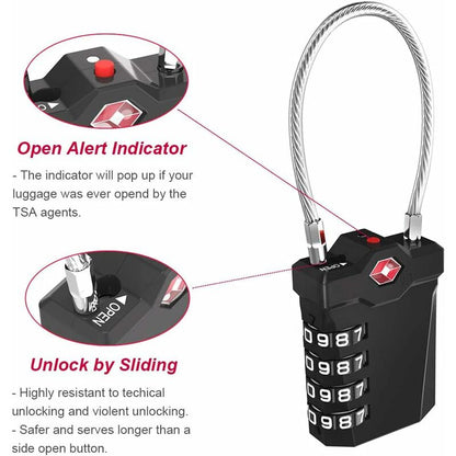 Luggage Lock, TSA 4-Digit Combination Lock for Suitcase with Opening Alarm, Code Lock Gym Cable Lock (1 Piece, Black)