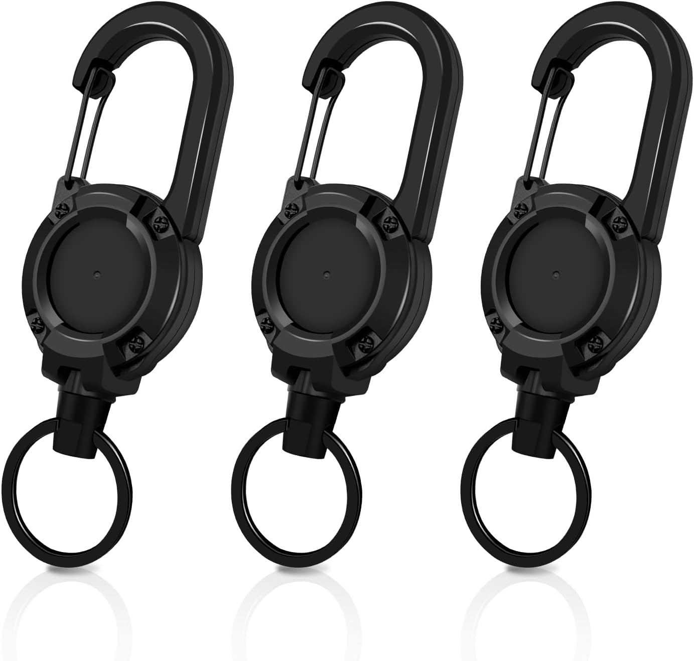 3 Pack Retractable Keychain with Carabiner - Black - 60cm Extendable Key Ring for Work Outdoor Travel