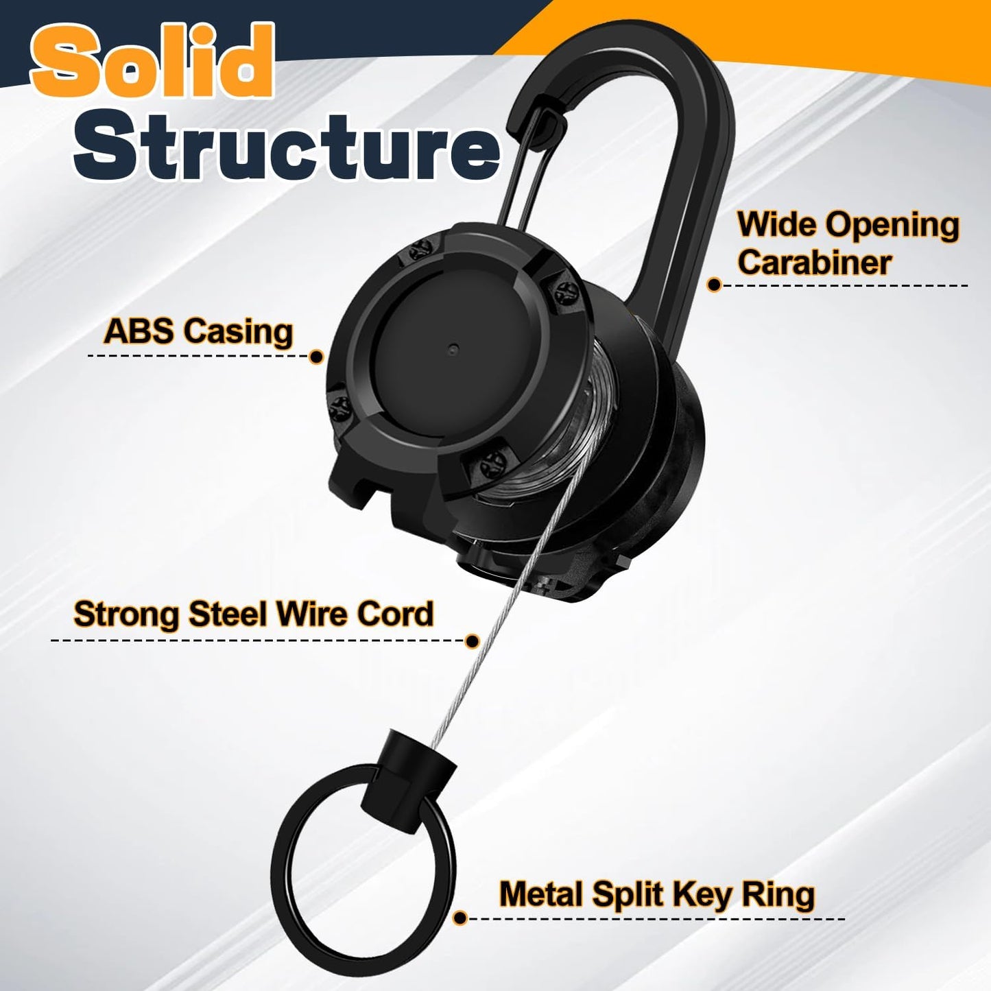 3 Pack Retractable Keychain with Carabiner - Black - 60cm Extendable Key Ring for Work Outdoor Travel