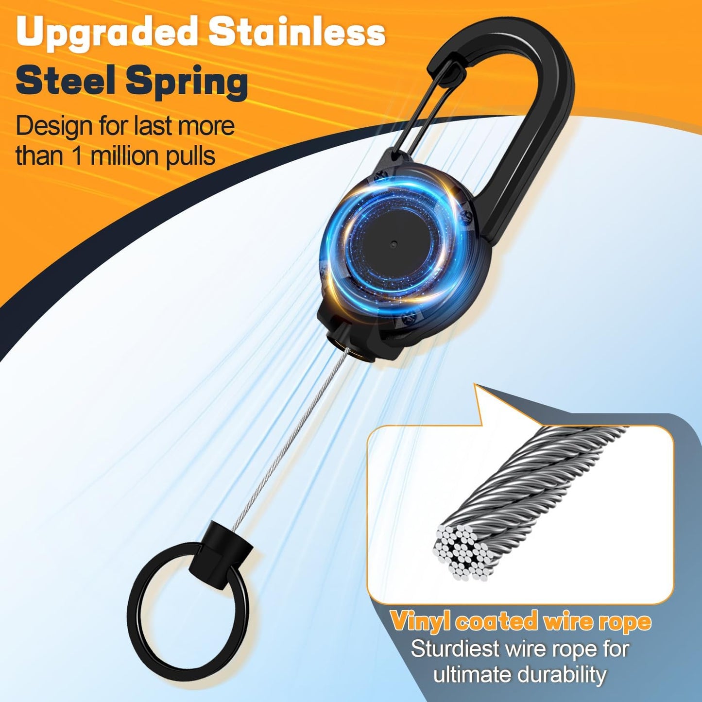 3 Pack Retractable Keychain with Carabiner - Black - 60cm Extendable Key Ring for Work Outdoor Travel