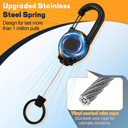 3 Pack Retractable Keychain with Carabiner - Black - 60cm Extendable Key Ring for Work Outdoor Travel