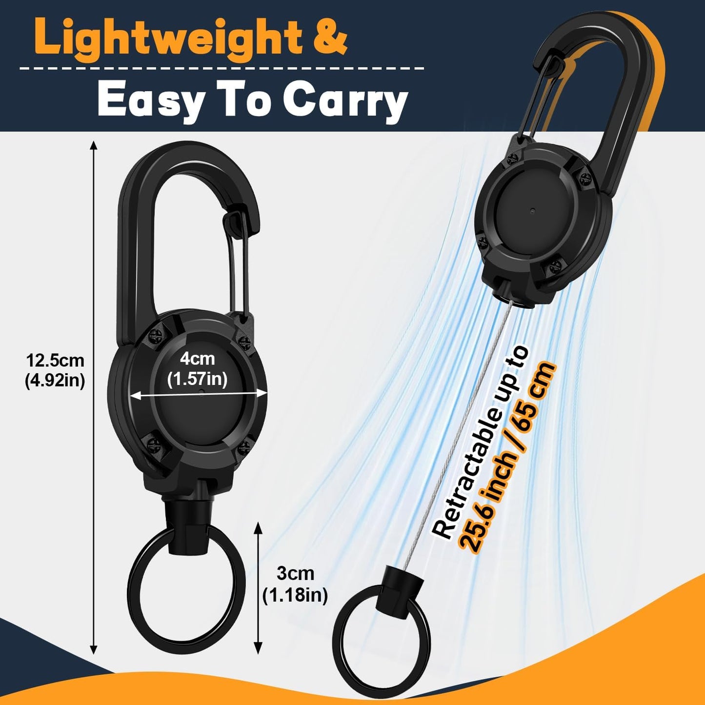 3 Pack Retractable Keychain with Carabiner - Black - 60cm Extendable Key Ring for Work Outdoor Travel