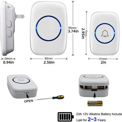 Wireless Doorbell Kit Home Call Button Remote Control White Waterproof Chime - White