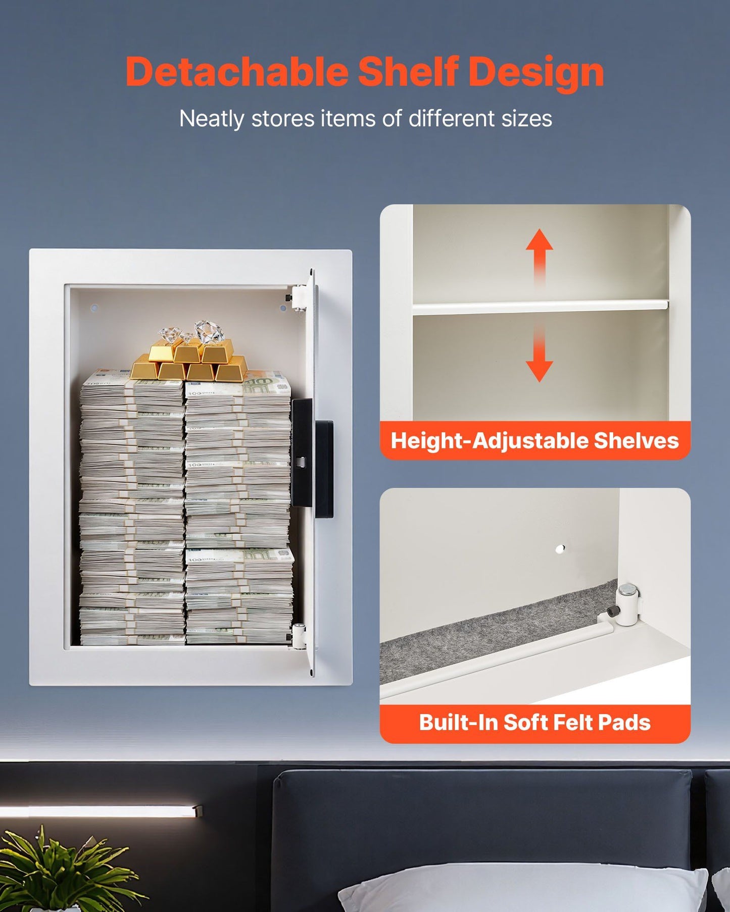 0.83 sq.ft Wall Safe, 3-Tier Hidden Wall Safe with Password, Key & Turning Knob, Q235 Cold-Rolled Steel In-Wall Box with Adjustable Shelves & Mounting Holes for Money, Jewelry, Passport, White