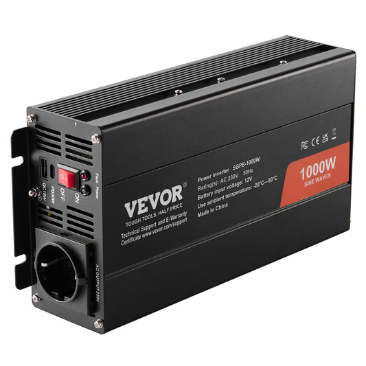 Pure Sine Wave Inverter, 1000 Watt, DC 12V to AC 230V Power Inverter with 2 AC Outlets 2 USB Port 1 Type-C Port, Remote Control for Small Home Devices like Smartphone Laptop, CE FCC Certified