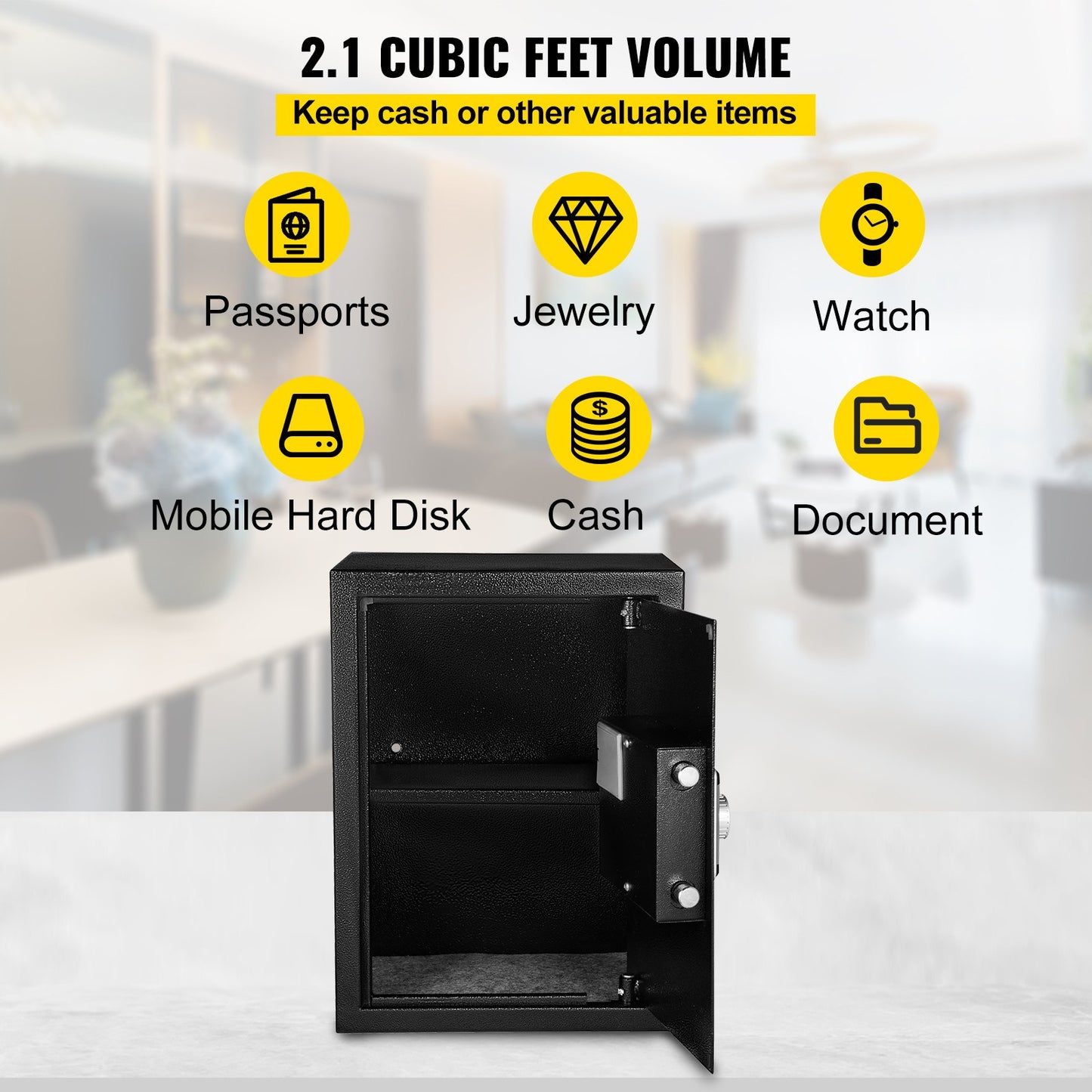 Safe Box, 2.1 CU.FT Fingerprint Safe Box for Money w/ 2 Keys & Digital Keypad, Q235 Steel Safe Box for Storing Cash, Jewelry, Pistols, Documents, Watches in Home & Office & Hotel